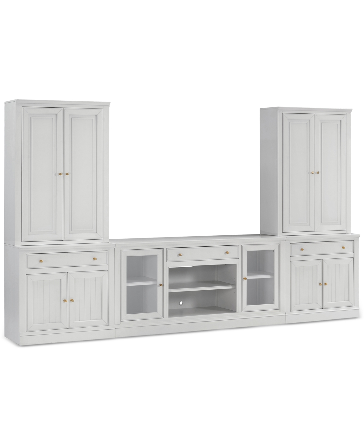 Macy's Amren 65" 2 Door Console With 2 Door Hutches And 2 Door Bases With Drawers And Fireplace Insert In White