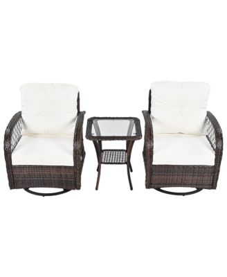 3-piece Outdoor Chair&Table Set Chat Set 2-person Rattan Seating Group with Two Swiveling and Rocking Chairs and a Square Table for Garden, Patio, or Balcony, Brown