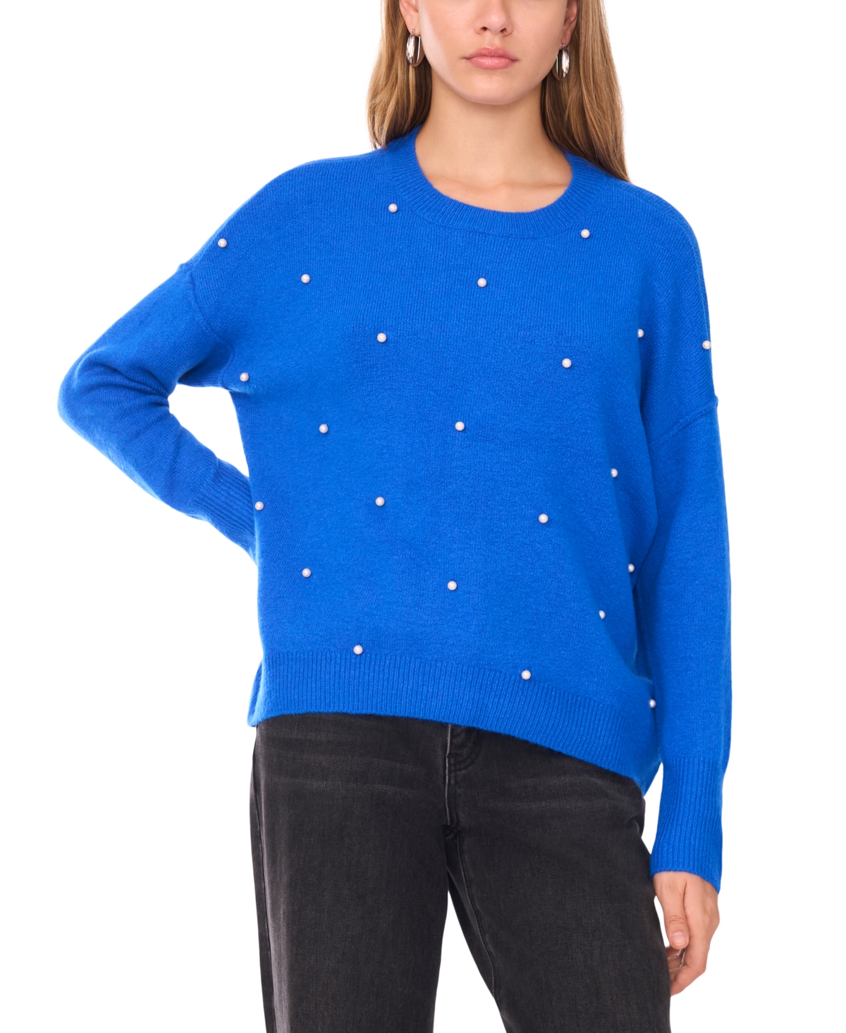 Sam & Jess Women's Embellished Pearl Crewneck Sweater In Blue