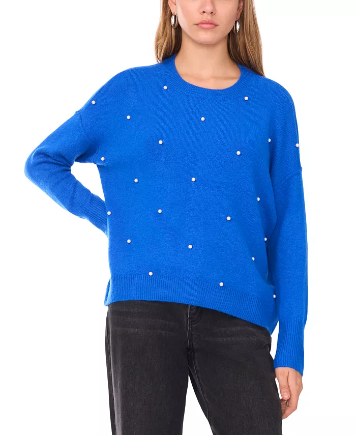 Women's Crewneck Embellished Pearl Long-Sleeve Sweater - thumbnail 6