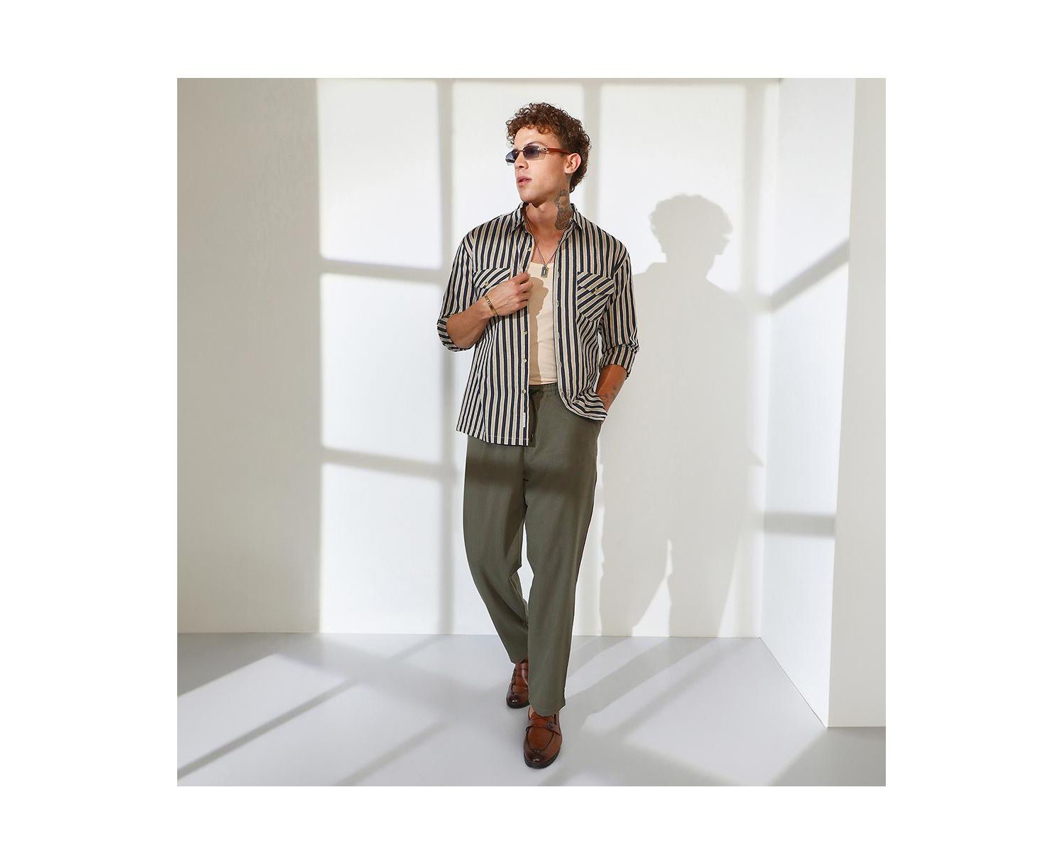Men's Navy Blue & Khaki Beige Candy Striped Oversized Shirt