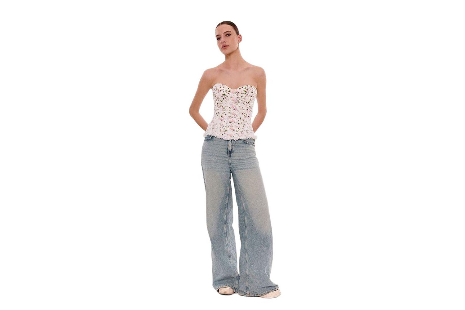Womens Romantic apple blossom corset with rosebud appliques