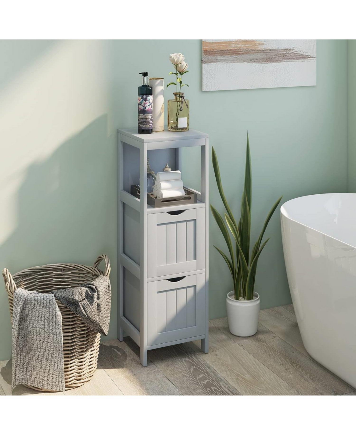 Slickblue Modern Farmhouse Bathroom Floor Cabinet with 2 Drawers and Shelf in Wood Finish