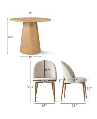 35 Inch Round Oak Veneer Dining Table Set with 2 Upholstered Chairs, Small Space Kitchen & Apartment Dining Room Furniture-Maison Boucle