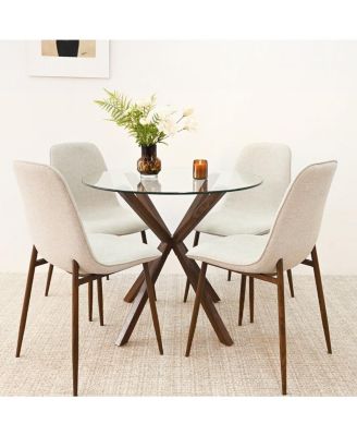 5 Piece Set 39.4 Inch Round Glass Table Upholstered Fabric Chairs Walnut Metal Legs Modern Dining Room Set