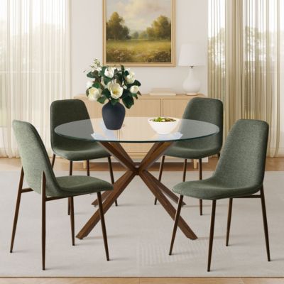 5 Piece Set 39.4 Inch Round Glass Table Upholstered Fabric Chairs Walnut Metal Legs Modern Dining Room Set