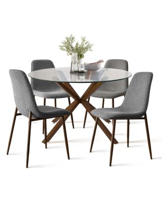 5 Piece Set 39.4 Inch Round Glass Table Upholstered Fabric Chairs Walnut Metal Legs Modern Dining Room Set