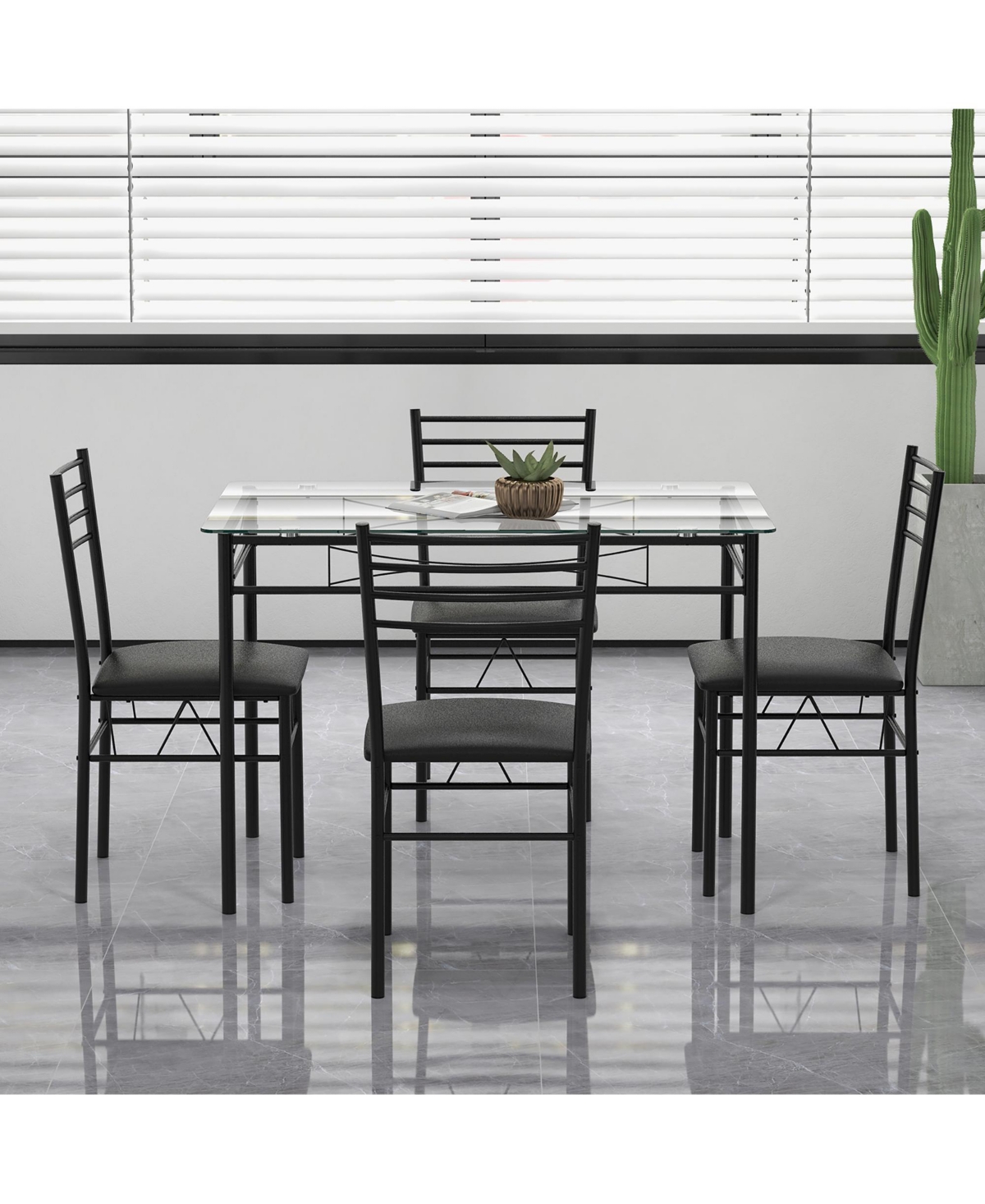 Gymax 5 Piece Dining Set Glass Top Table & 4 Upholstered Chairs Kitchen Room Furniture