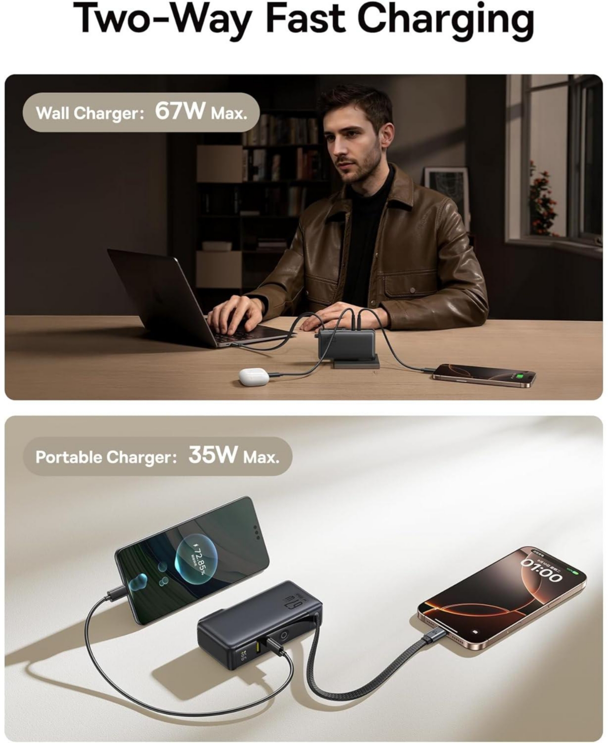 Baseus Nomos Power Bank, 67W Foldable Wall Plug and 10,000mAh 35W Portable Charger, 3-in-1 Travel Essentials Battery Pack Built-in Usb-c Cable