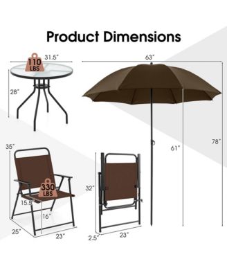 6 PCS Patio Dining Set w/ Umbrella 4 Folding Patio Chairs w/ Round Tempered Glass Table
