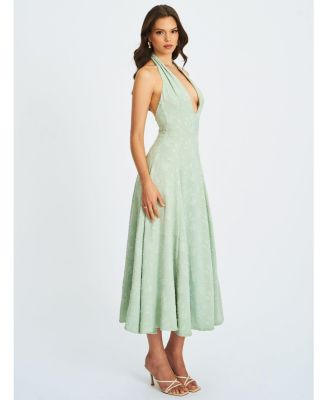 Women Magda Mint Green Deep V Neck Halter A-line Midi Dress