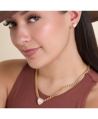 Gold-Tone Heart Pendant Necklace & Crystal Stud Earring Set