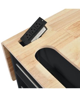 sumyeg Kitchen Island with Drop Leaf, Power Outlet, Rubber Wood Top, Rack, Open Storage, Adjustable Shelves (No Stools)