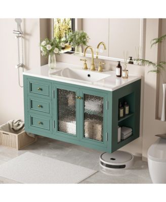 36" Wall Mounted Bathroom Vanity with Ceramic Sink and 3 Drawers, Solid Wood Frame