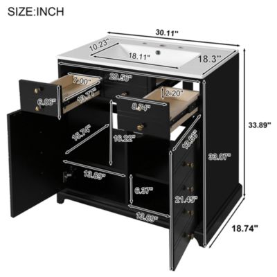 30" Freestanding Vanity with Ceramic Sink, Soft-Close Doors and Storage Drawers