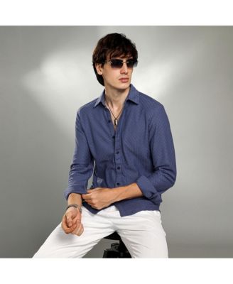 Men's Aegean Blue Geometric-Weave Textured Shirt