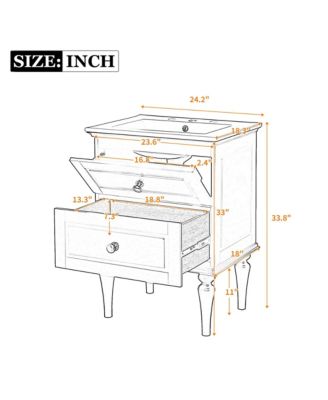 24" Bathroom Vanity Cabinet with Ceramic Sink Combo and 2 Drawers, Solid Wood Frame