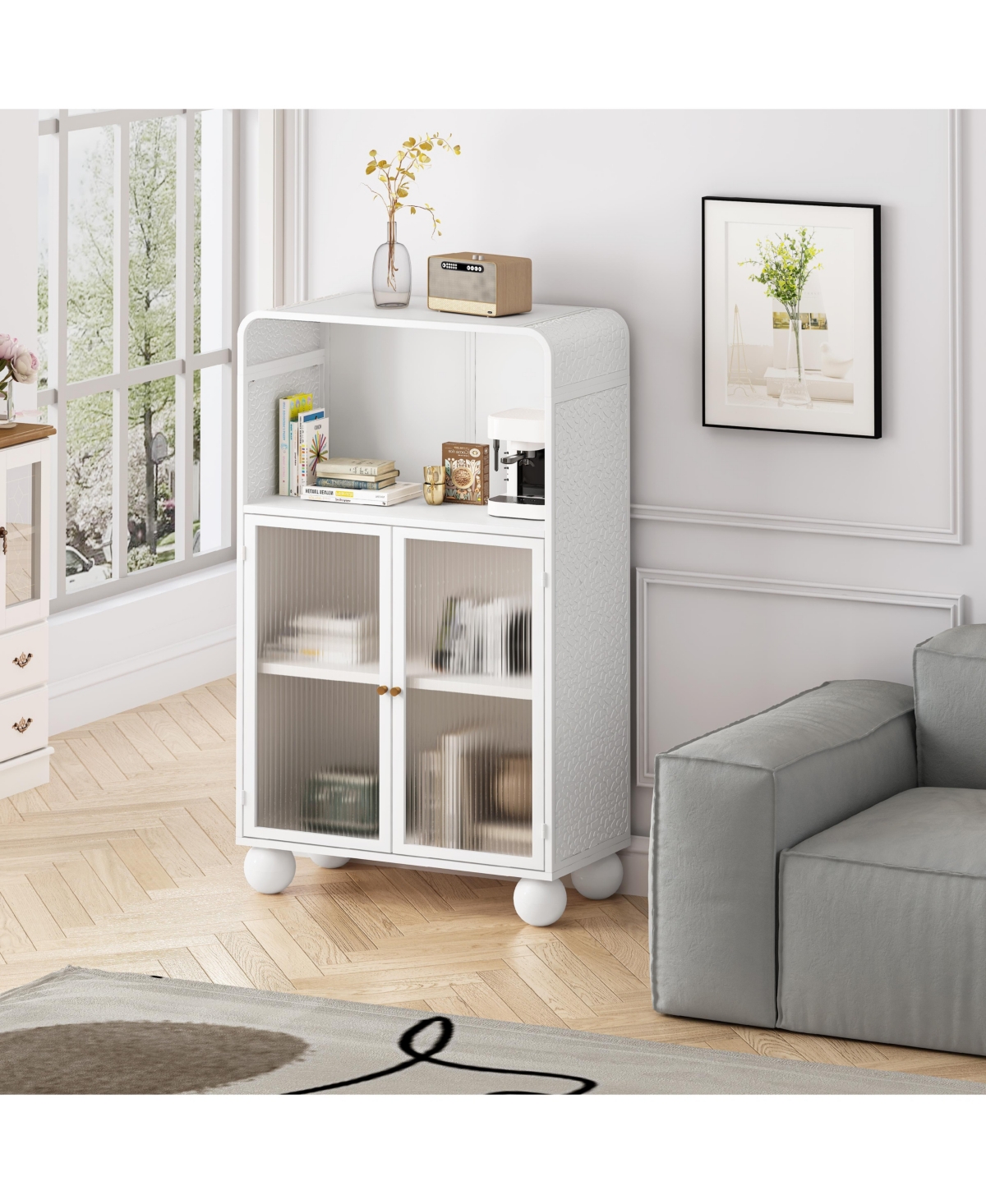 Casainc 45.28" Freestanding Bathroom Floor Cabinet With Glass Door and Open Storage Shelves