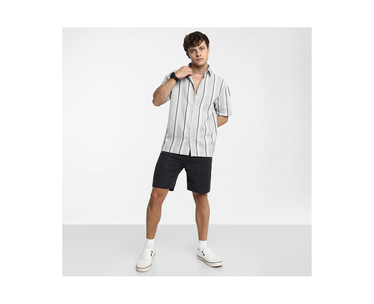 Men's Ash Grey Unbalanced Striped Shirt