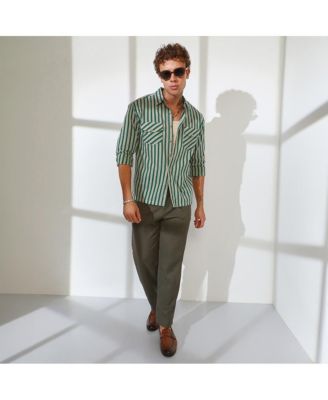 Men's Forest Green & Khaki Beige Candy Striped Oversized Shirt