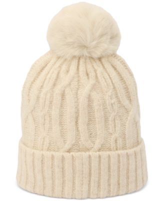 Faux-Fur-Pom Cable-Knit Beanie