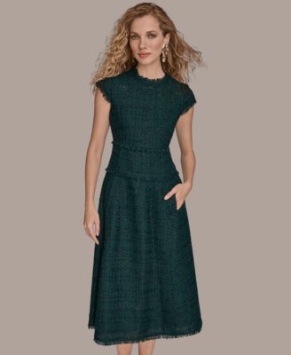 Women's Tweed Cap Sleeve A-Line Midi Dress