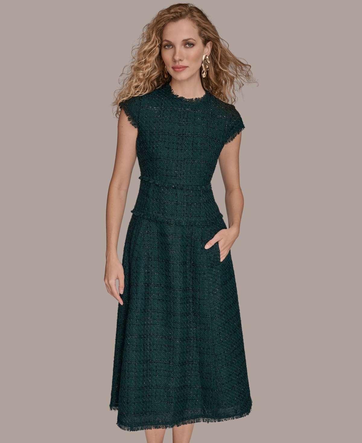 Donna Karan New York Metallic Tweed Midi Dress In Green