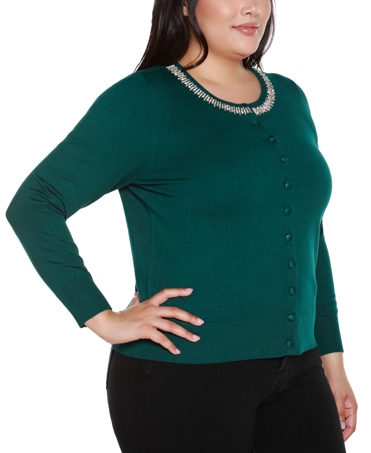 Belldini Plus Size Embellished Neckline Cardigan Sweater In Green