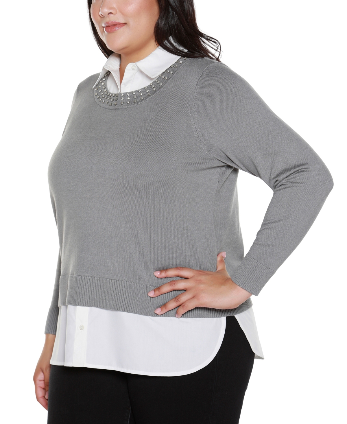 Belldini Plus Size Rhinestone-neckline Two-fer Sweater In Gray