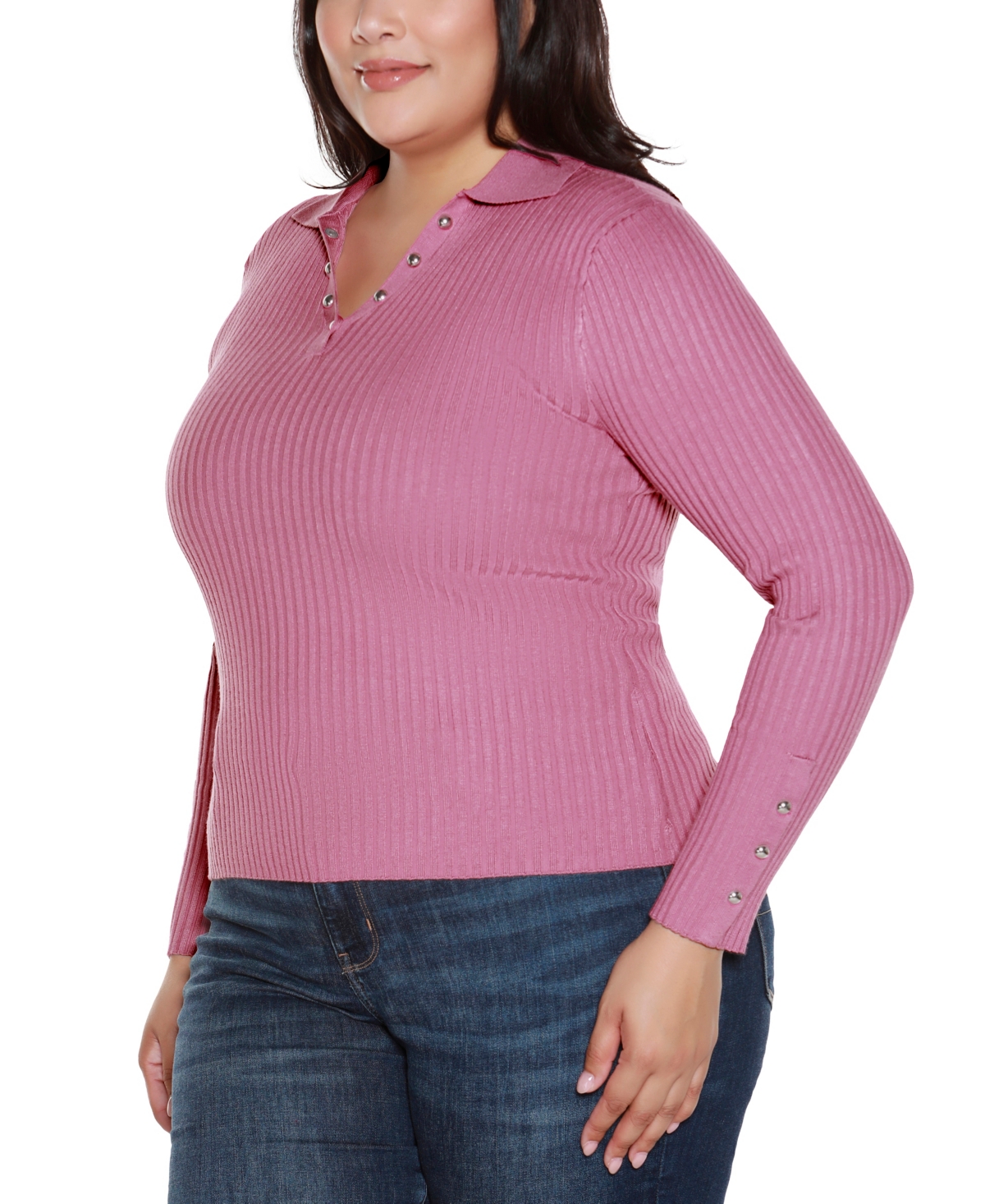 Belldini Plus Size Long Sleeve Johnny Collar Sweater In Pink