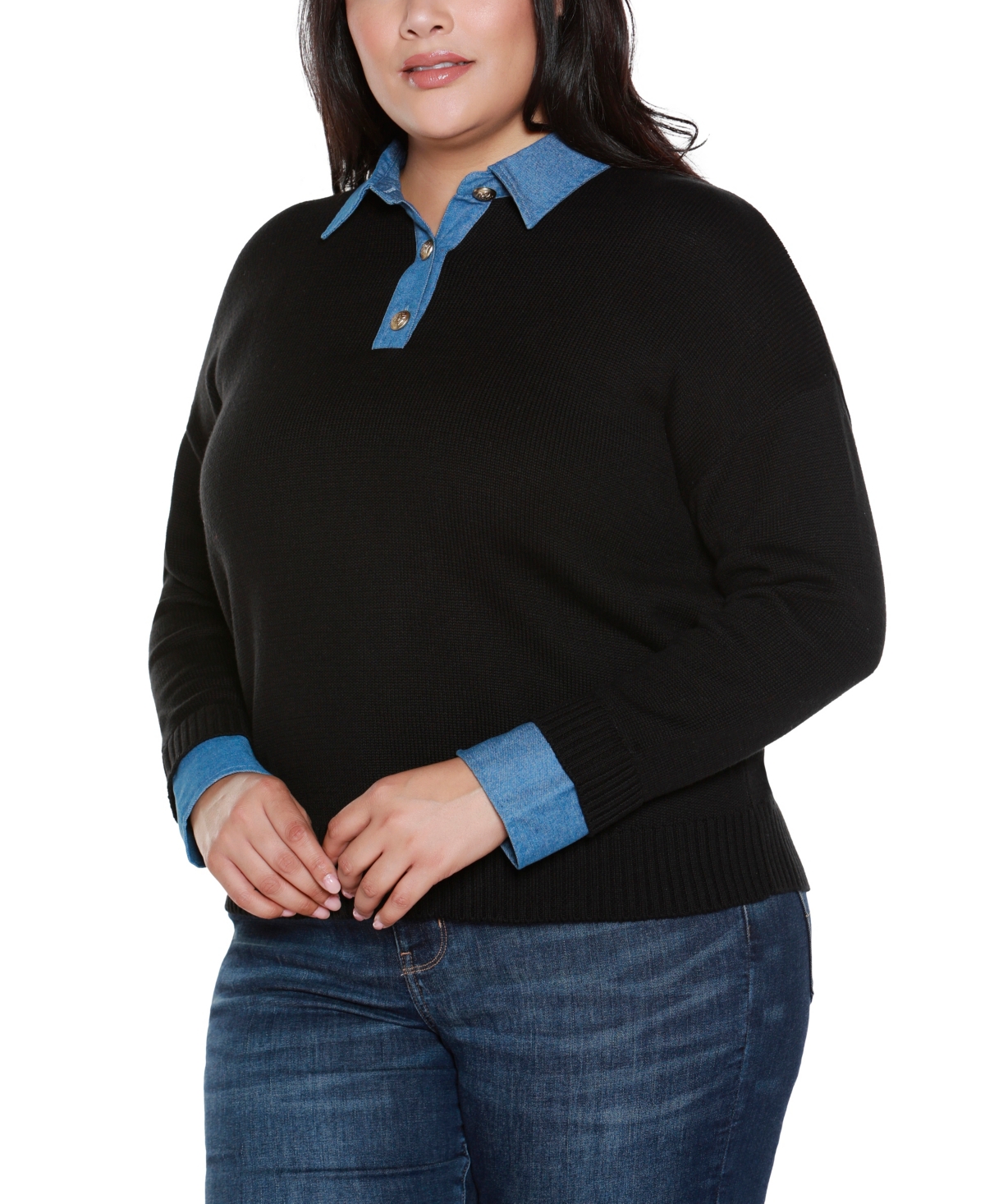 Belldini Plus Size Denim-trim Two-fer Sweater In Black