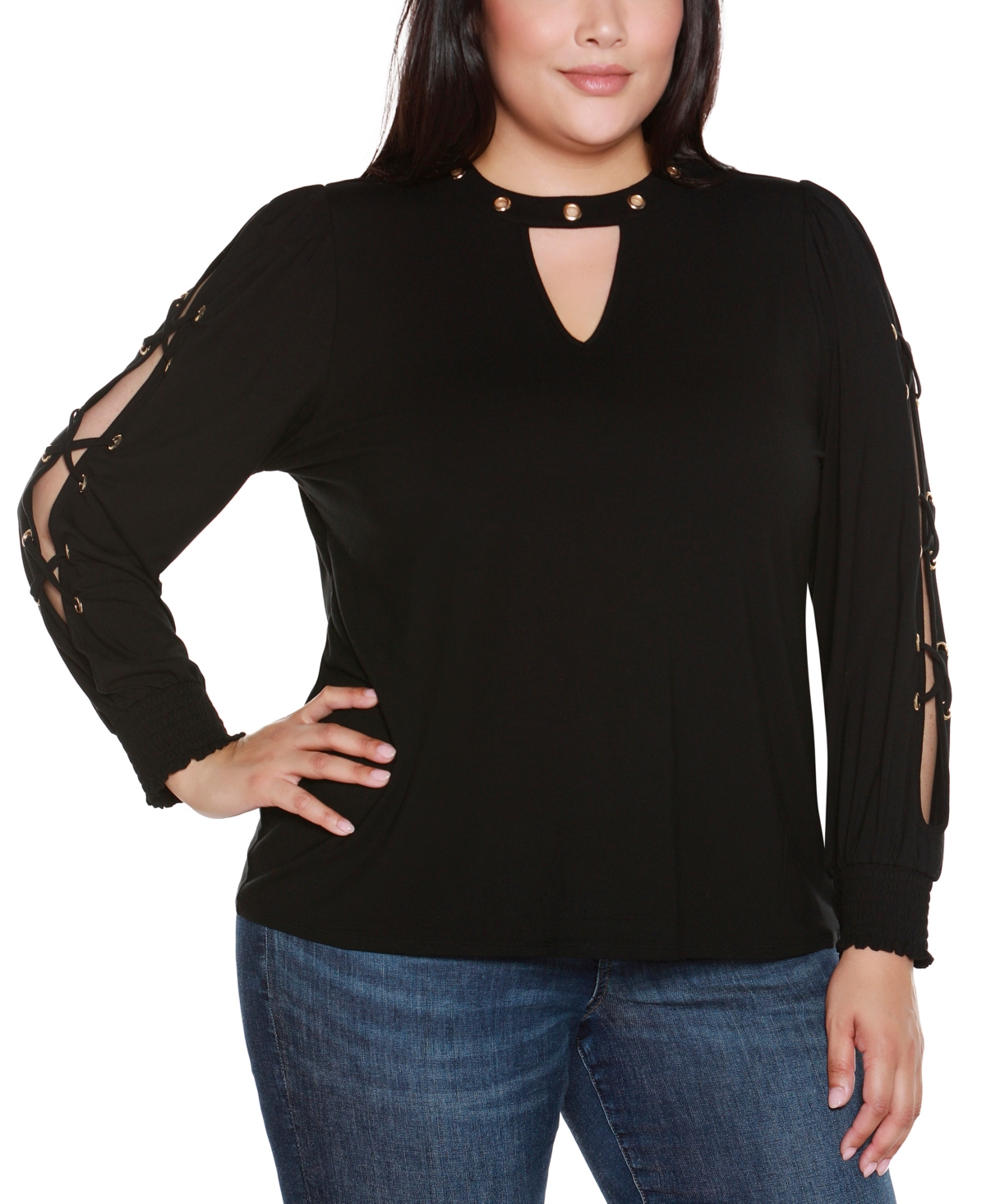 Belldini Plus Size Slit-sleeve Keyhole Knit Top In Black