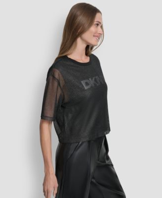 Women's Short Sleeve Mesh Overlay Logo Knit Top