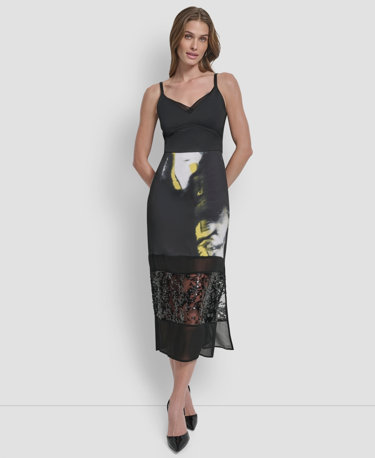 Dkny Women's V-neck Paneled Midi Dress In Black