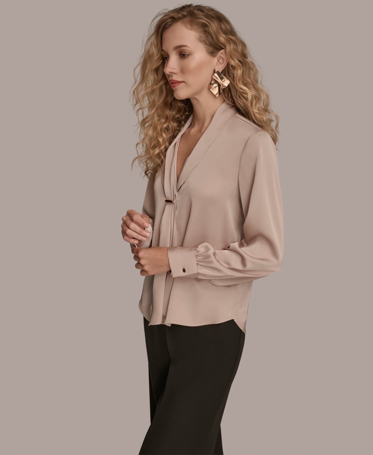 Donna Karan New York Tie Neck Satin Shirt In Brown