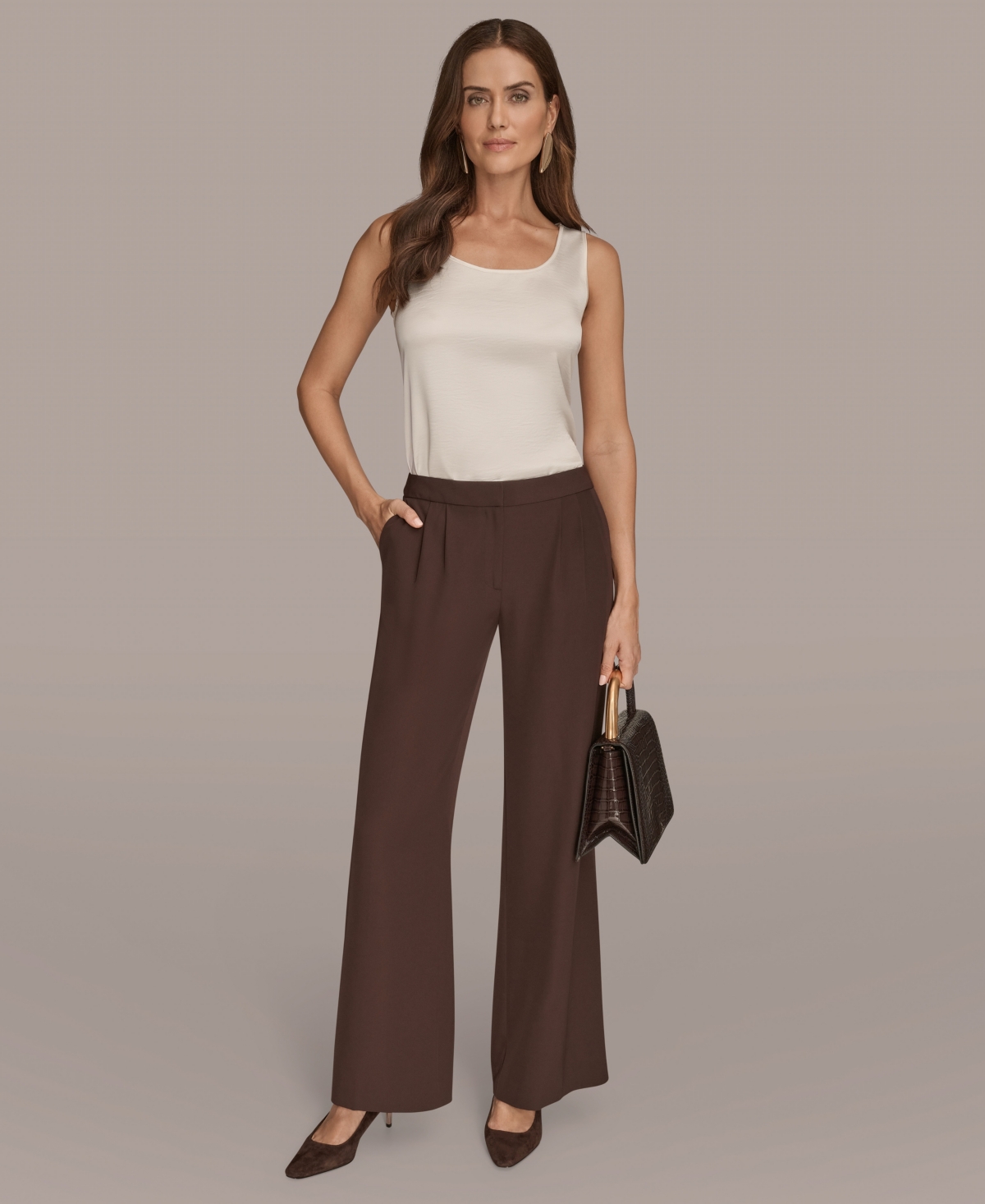 Donna Karan Women's Petites High Waist Wide Leg Pants, Regular & Petite In Brown
