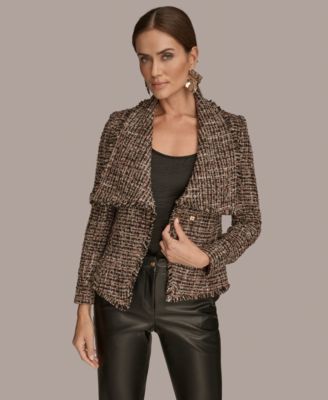 Women's Wide Lapel Collar Belted Tweed Blazer