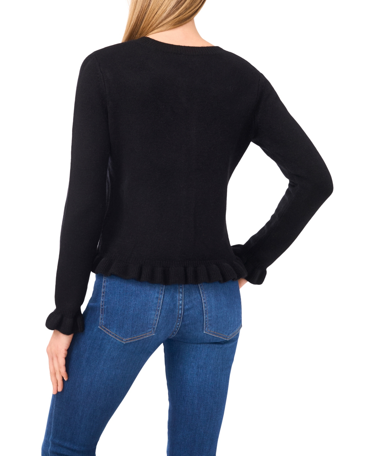 Cece Women's Ruffle Edge Detail Long Sleeve Cardigan Sweater In Black