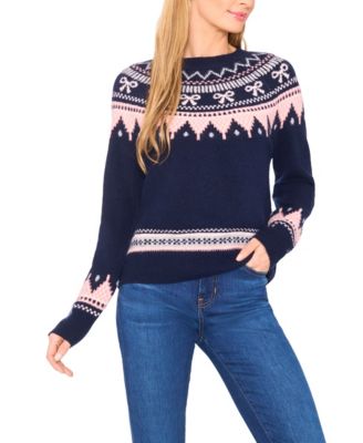 Women's Crewneck Ribbon Fair Isle Long-Sleeve Sweater
