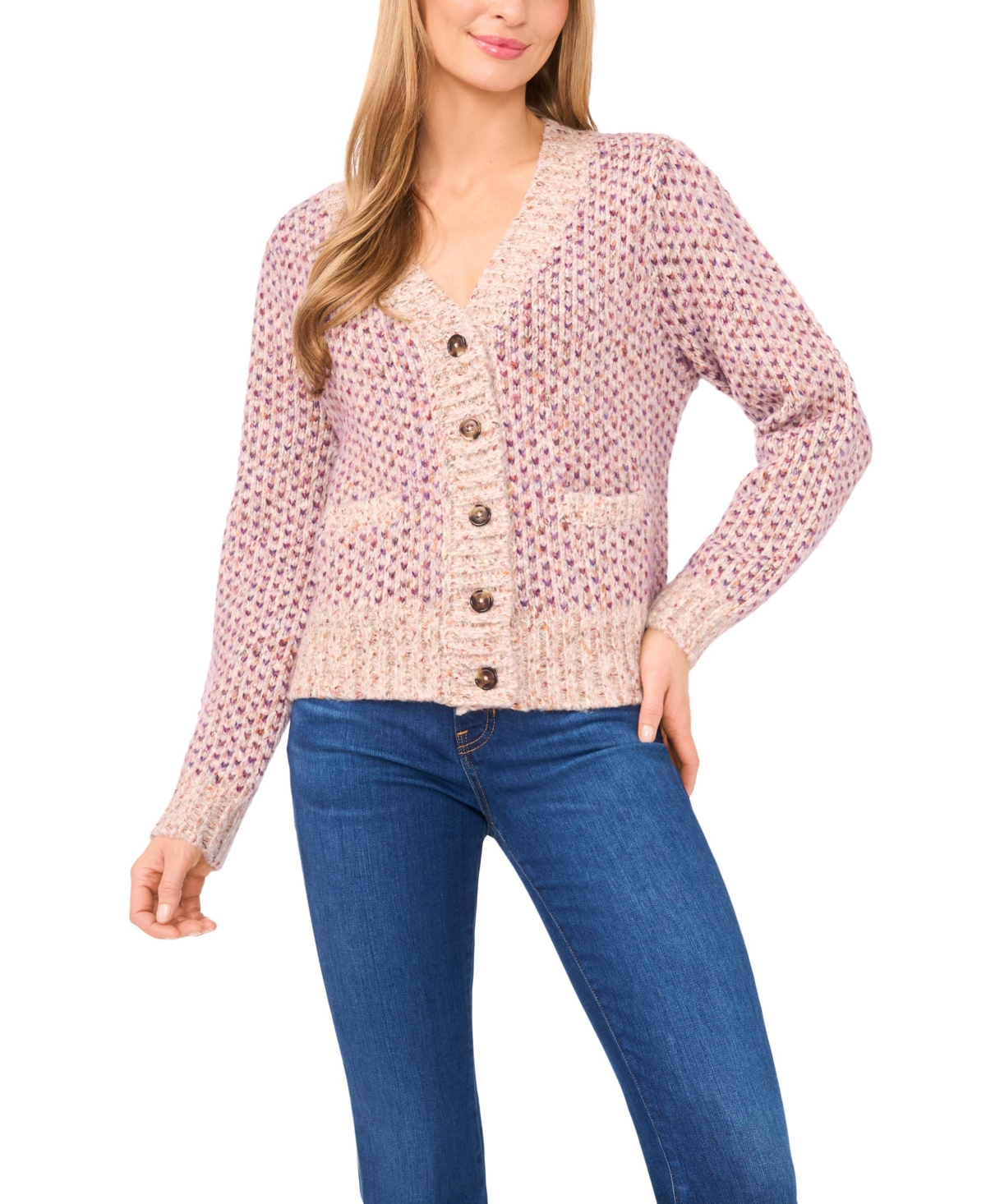 Cece Women's Tuck Stitch Long Sleeve Cardigan Sweater In Multi