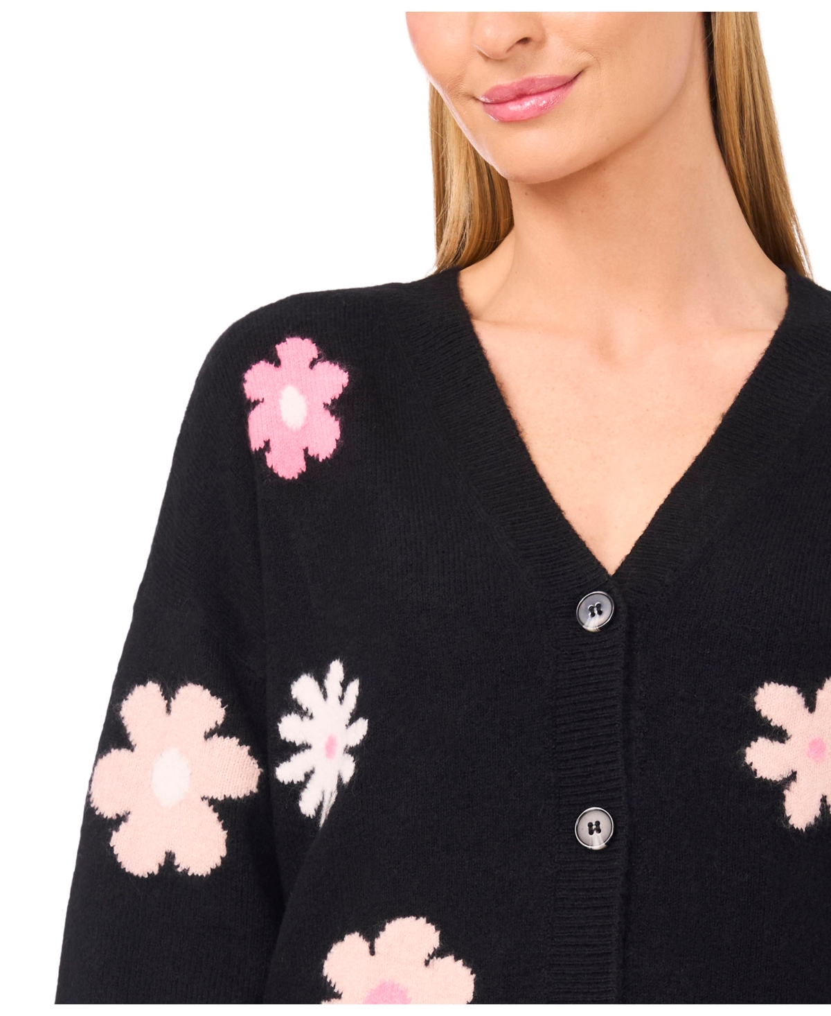 Cece Women's Flower Pattern V-neck Cardigan Sweater In Black