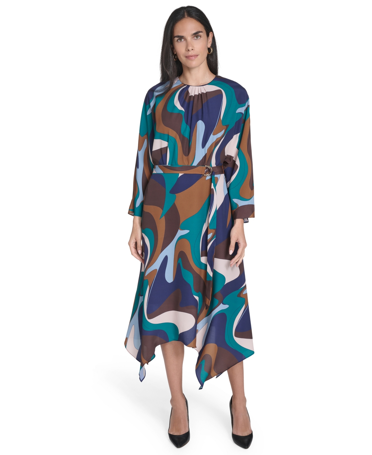 Jessica Howard Petite Crewneck Belted Handkerchief Hem Midi Dress In Multi