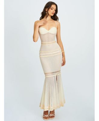 Women's Pallas Beige Lace Trim Crochet Mermaid Maxi Dress