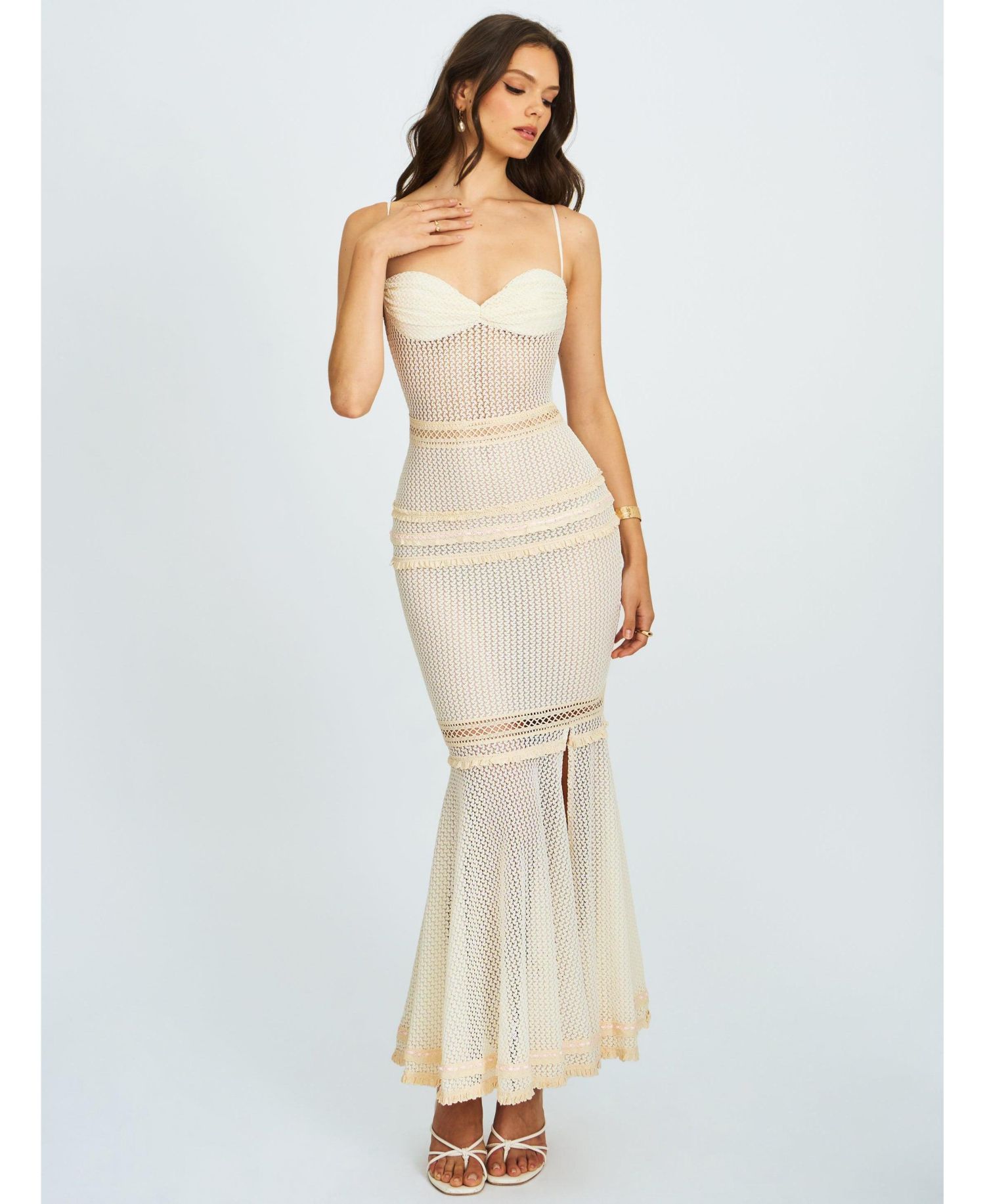 Women's Pallas Beige Lace Trim Crochet Mermaid Maxi Dress