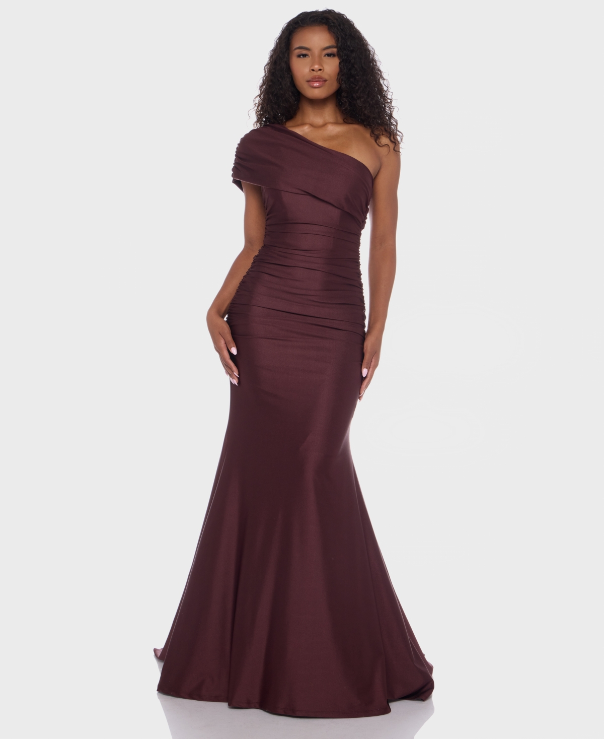 B Darlin Juniors' One-shoulder Draped Floor-sweeping Gown In Brown