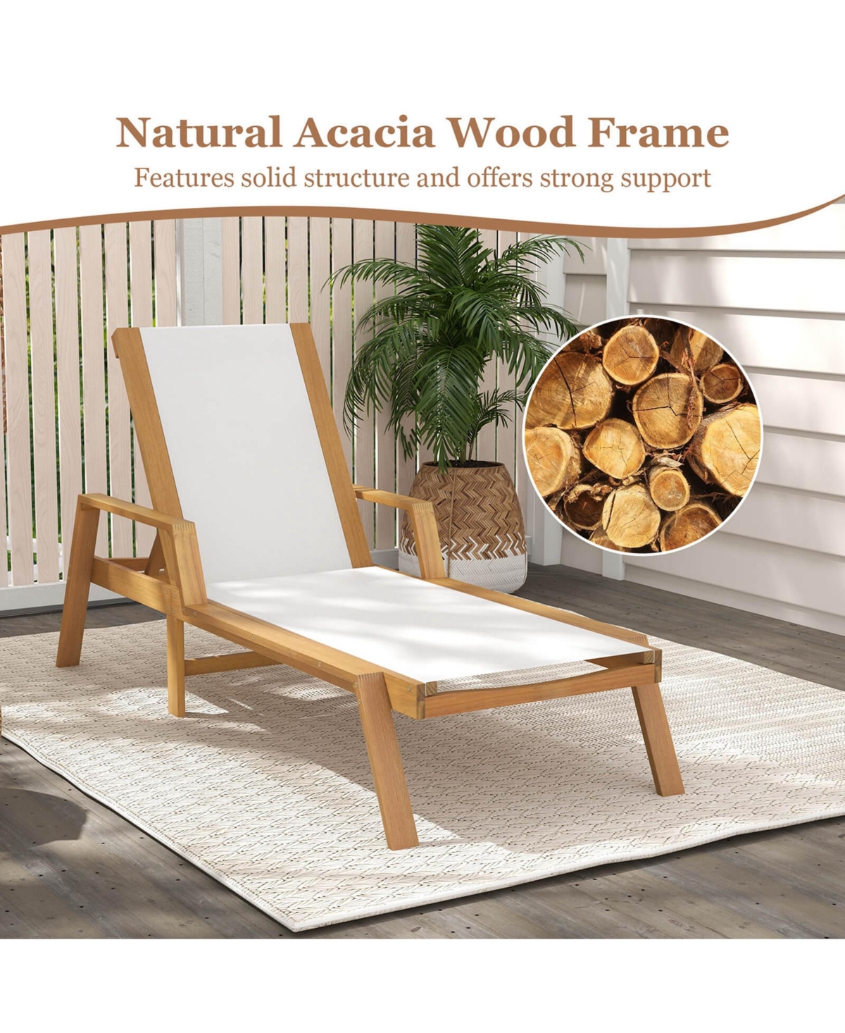 Costway Outdoor Chaise Lounge with Adjustable 5-position Backrest Solid Wood Frame