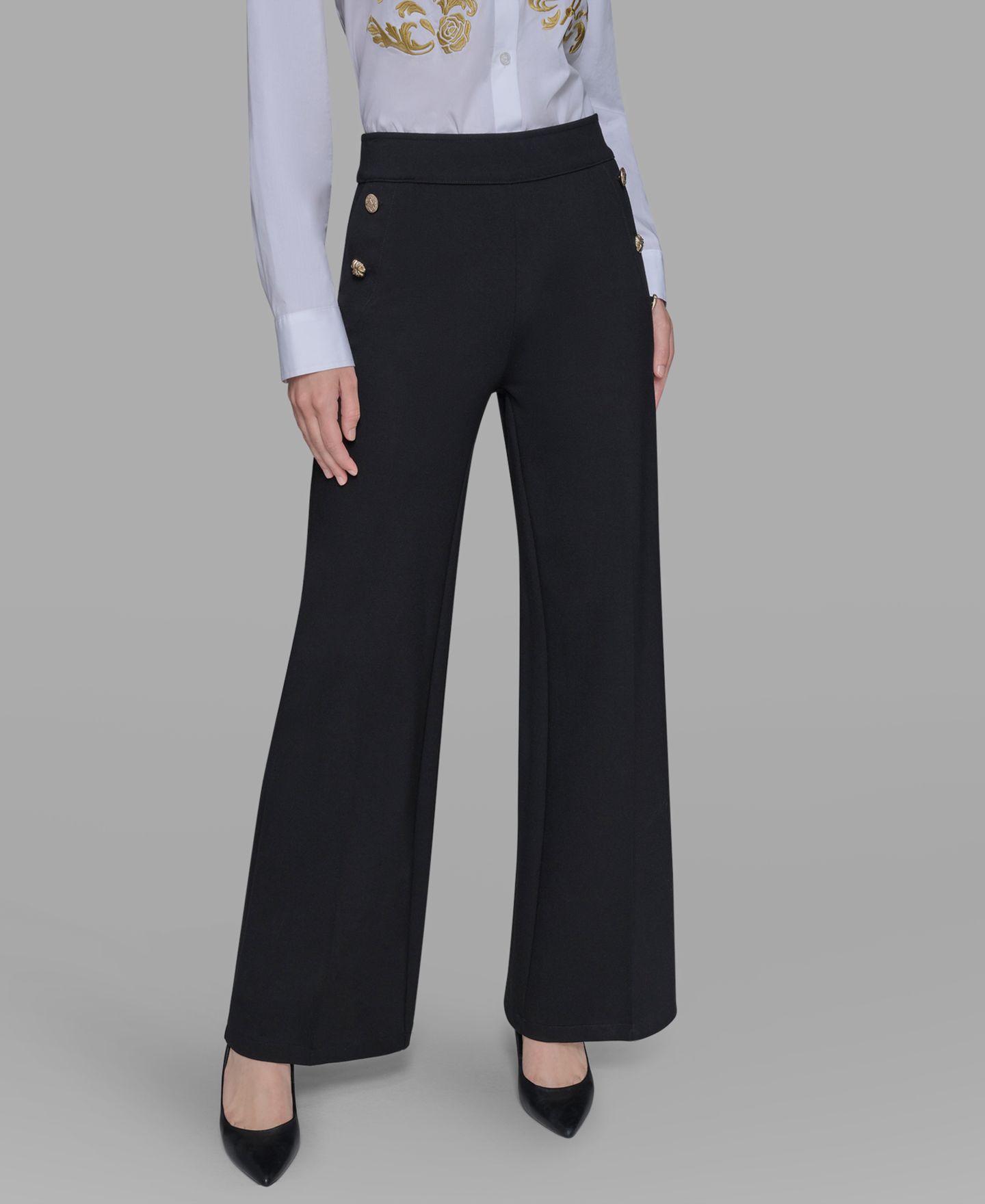 Женские брюки KARL LAGERFELD PARIS Petite Silky Straight-Leg Pull-On, цвет: Чёрный — фото 3