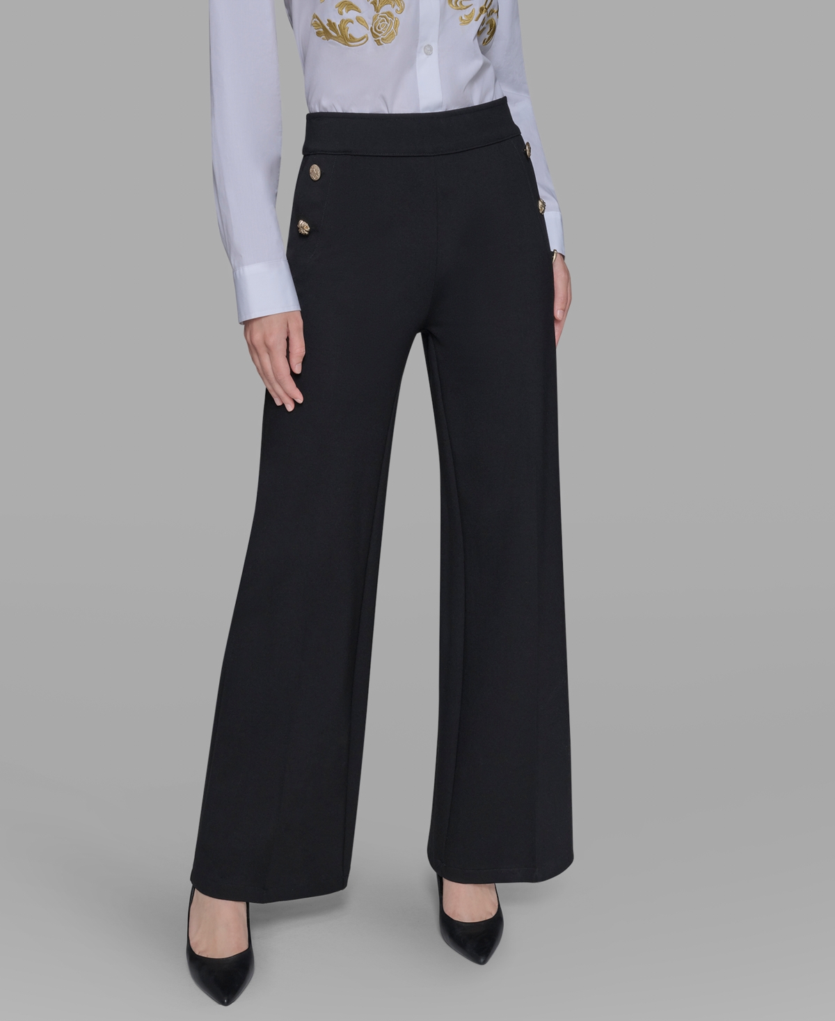 Karl Lagerfeld Womens Side Button Wide Leg Ponte Pants P Xs Xl In Black