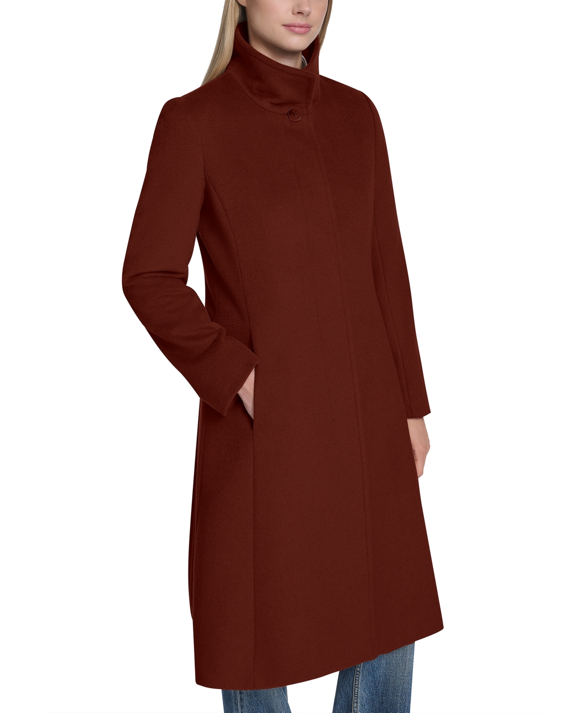 Cole Haan Womens Stand-collar Single-breasted Wool Blend Coat In Brown