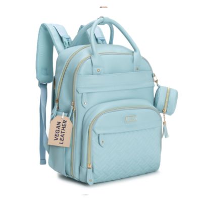 BabbleRoo Premium Faux Leather Diaper Bag Backpack Spacious & Stylish Nappy Organizer Light Brown - Powder blue